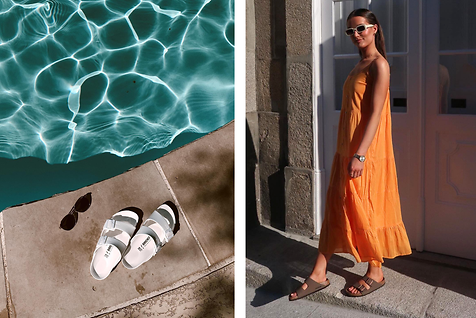  Collage of a picture of BIRKENSTOCK Arizona by the pool and a women wearing a summer dress and BIRKENSTOCKS
