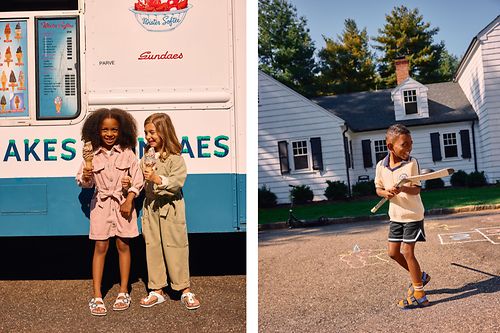 Collage d'enfants qui mangent une glace et jouent en portant des sandales Birkenstock
